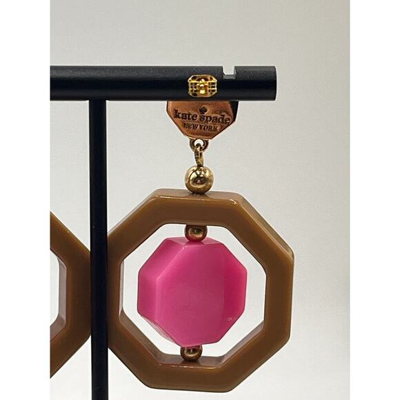 Kate Spade Pink Brown Resin Plastic Geometrical Hexagon Drop Pierced Earrings - Picture 6 of 10